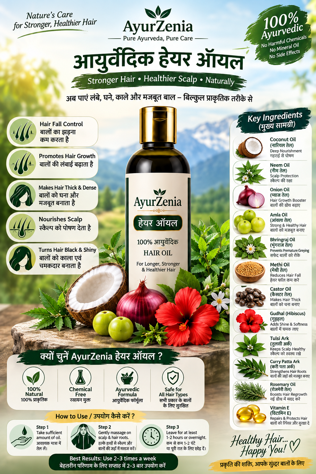 AyurZenia Hair Oil HairFall Stop in Just 7days. 100%Result